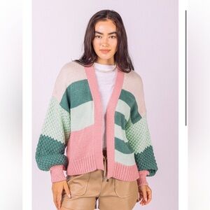 NWT New In Teresa Colorblock Green Pink Knit Cardigan Small